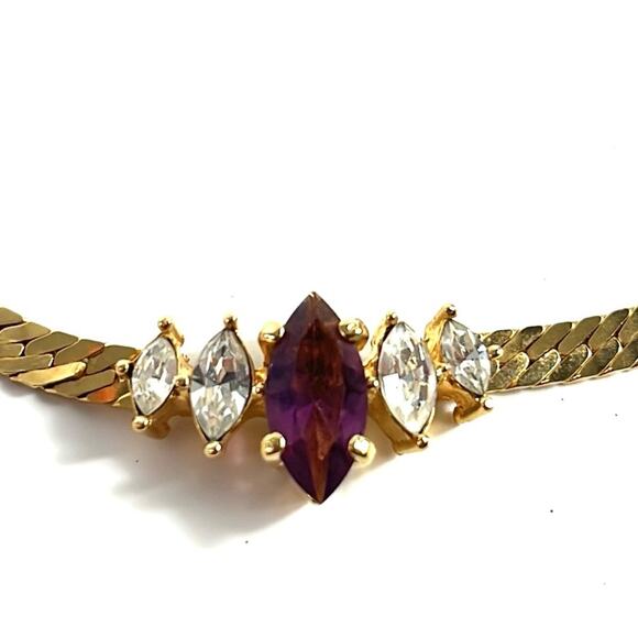 Vintage Christian Dior Purple Rhinestone and Gold Tone Chain Necklace - Picture 2 of 10